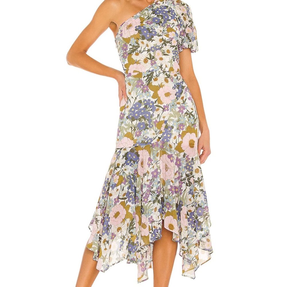 NWT ASTR The Label Santorini Floral One Shoulder Midi Dress Off White Reto